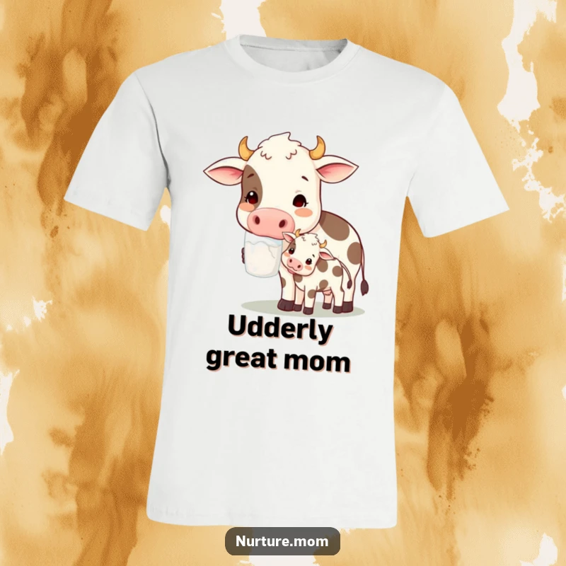 Funny! T-shirt graphic of a contented cow mom character offering milk to her calf, embodying nurturing care and gentle livestock humor.
