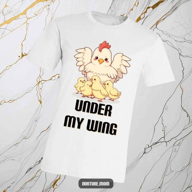 Funny Protective Hen T-Shirt: Cute hen shielding her chicks under her wings, symbolizing maternal care and safety.