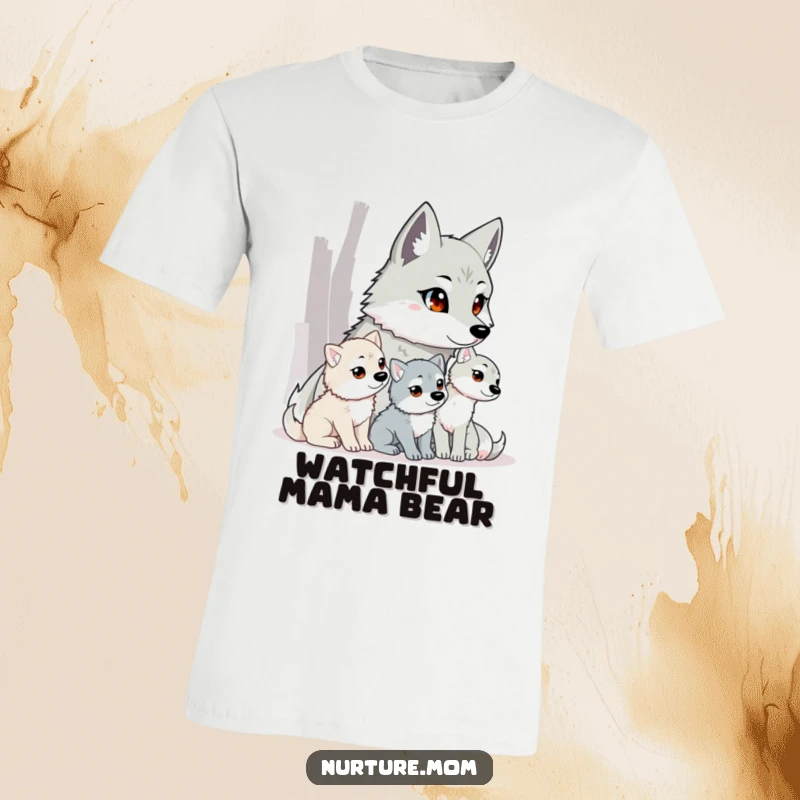 Funny wolf mom t-shirt featuring a vigilant mother wolf keeping a close watch on her energetic pups.