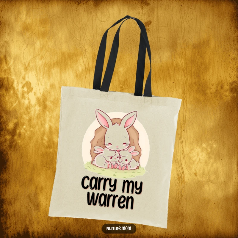 Funny Mother Rabbit Tote Bag: Cute mother rabbit tucking babies into a burrow, ideal for errands and daily use.