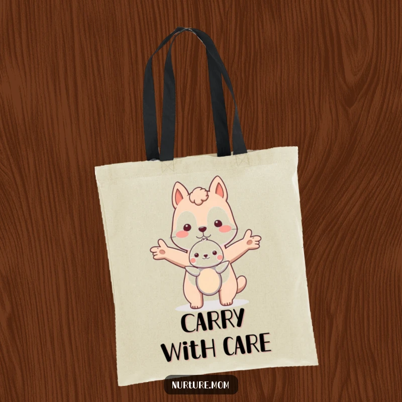 Funny animal with outstretched arms protecting a small creature, symbolizing safety on a tote bag.