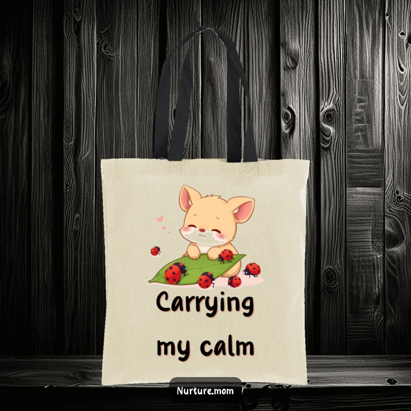 Funny tote bag showing a small animal sighing contentedly while observing ladybugs on a leaf, practical and cute.