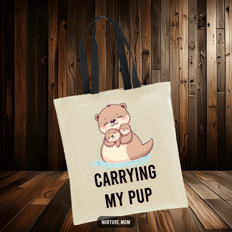 Funny otter mom tote bag showing a mother otter and baby floating happily on water, full of fun.