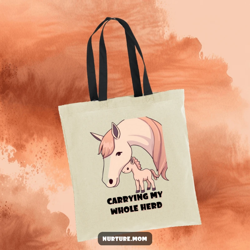 Tote bag print of a mother horse affectionately nudging her young foal with her nose.