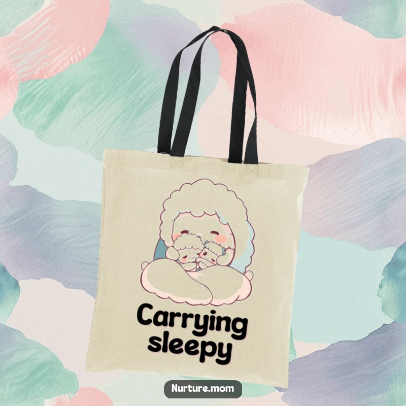 Funny tote bag with a fluffy creature tucking a tiny one into a cozy bed, perfect for parents on the go.