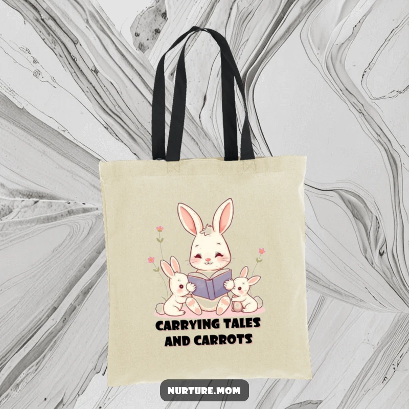 Funny kawaii mama bunny reading a storybook to her kits tote bag, a charming and practical accessory for mothers.