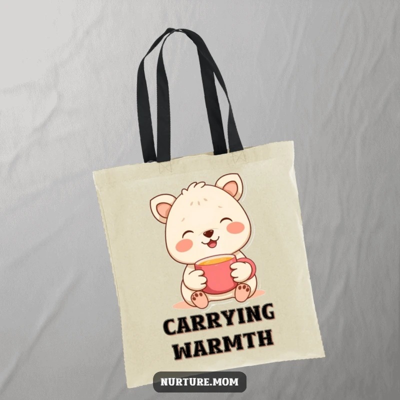 Funny tote bag with a smiling animal offering a warm cup, representing comfort, kindness, and good brews.