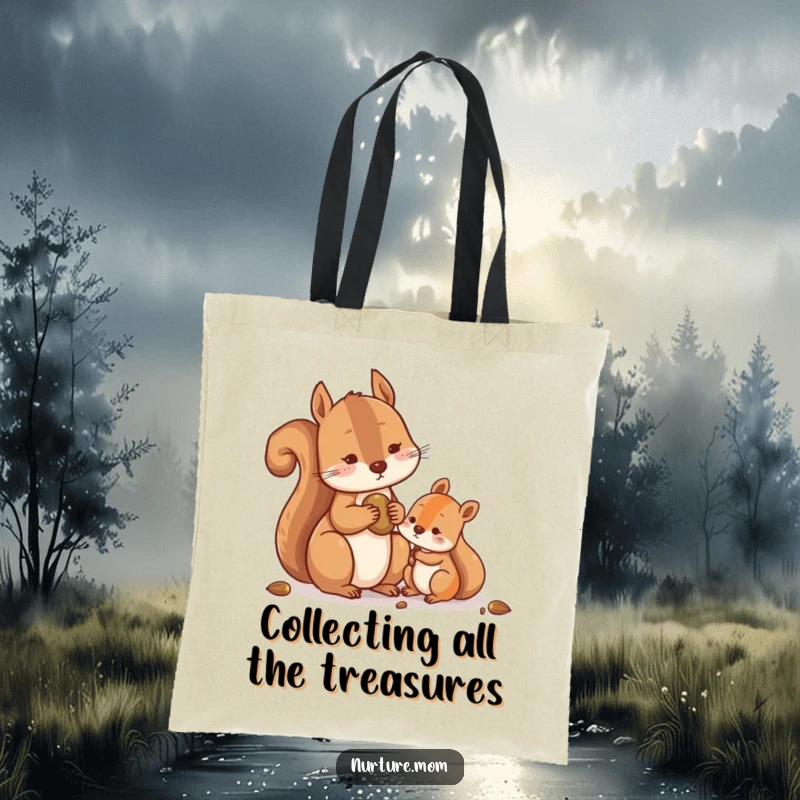 Funny Squirrel Tote Bag illustrating a contented squirrel sharing nuts with a smaller one, great for carrying essentials with humorous generosity.