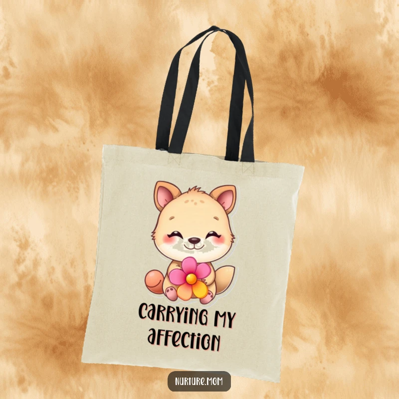 Funny animal tote bag depicting a loving creature giving a bright flower, a humorous and stylish accessory for everyday use.