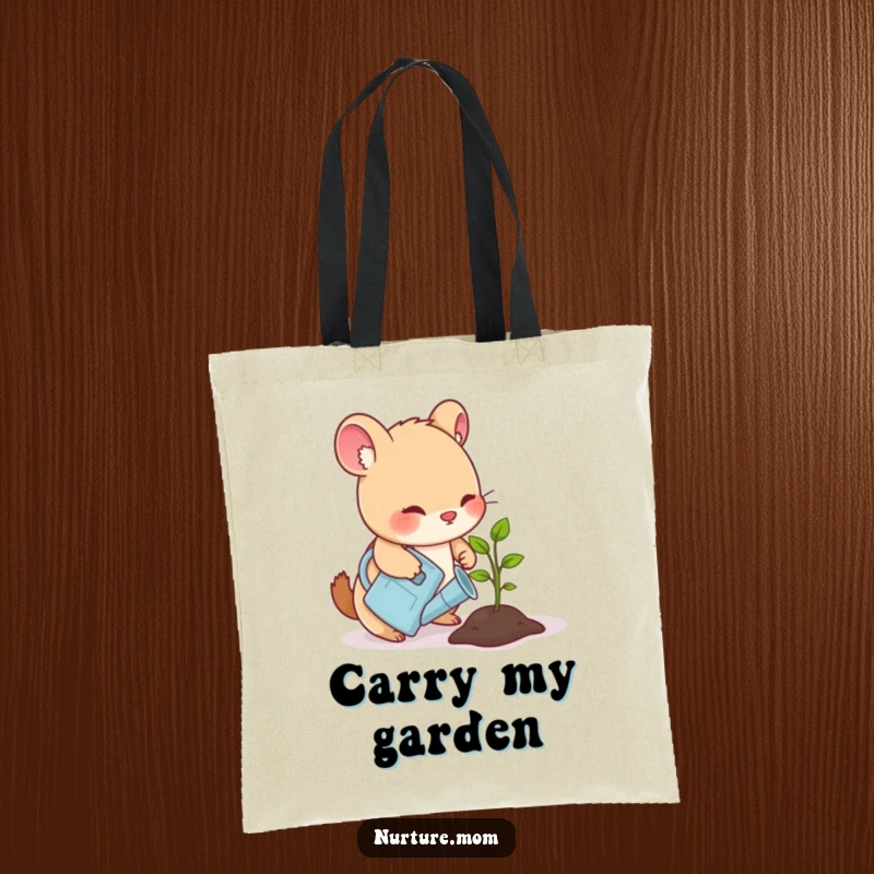Funny tote bag with a small animal gently watering a sprouting seedling with a watering can, ideal for eco-conscious shoppers.