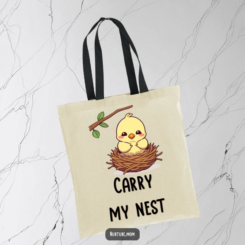 Funny kawaii mother bird building a cozy nest on a durable tote bag.