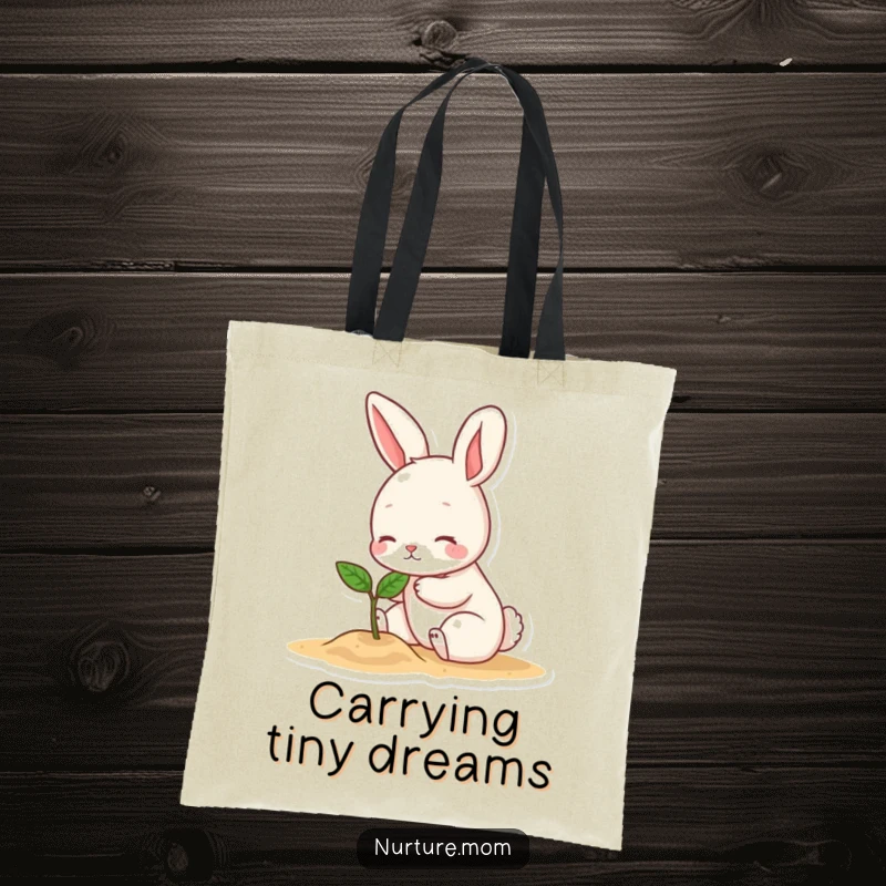 Funny tote bag showing a small bunny character gently patting a tiny sprout, a humorous and cute illustration for nature lovers.