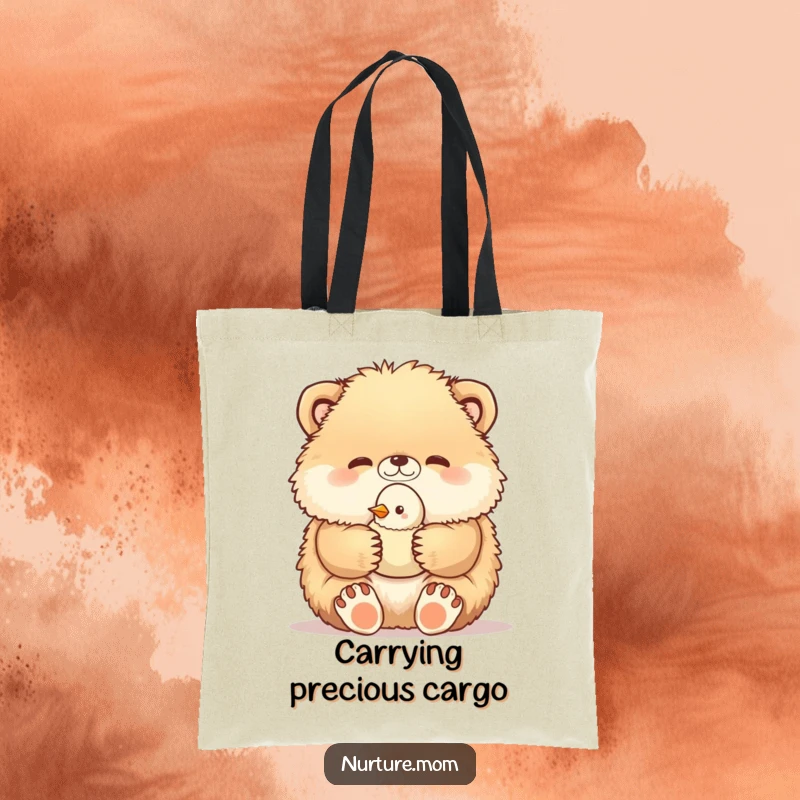 Funny tote bag showcases a fluffy animal carefully holding a baby bird in its paws, a symbol of gentle care and adorable humor.