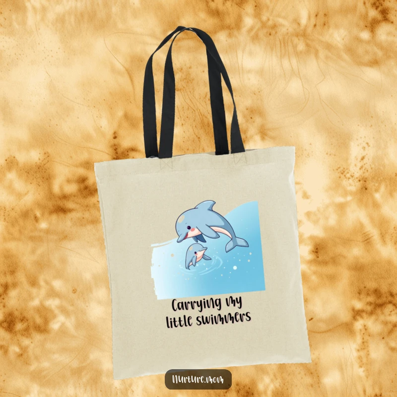 Funny tote bag depicting a playful dolphin mom guiding her calf through sparkling water, representing ocean adventures and maternal love.