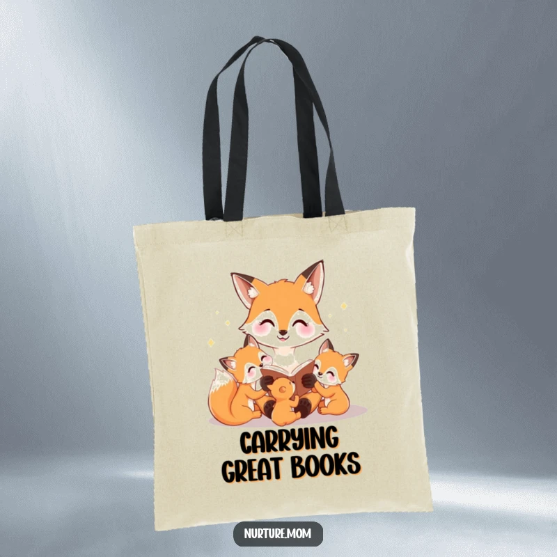 Funny tote bag depicting a happy fox mom reading a bedtime story to her cubs, representing education and family affection.