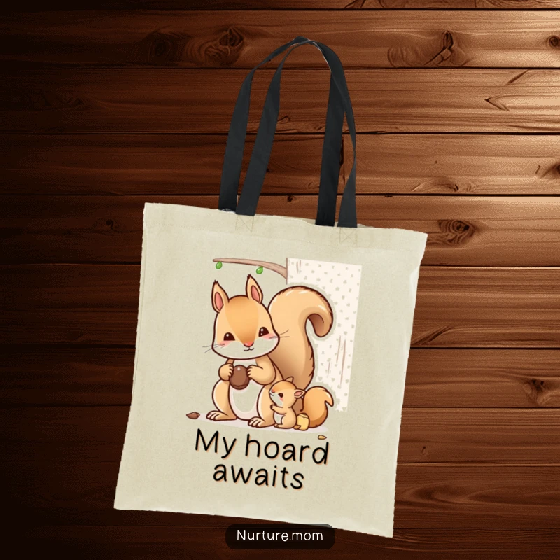 Funny kawaii mother squirrel teaching nut storage, featured on a stylish tote bag.