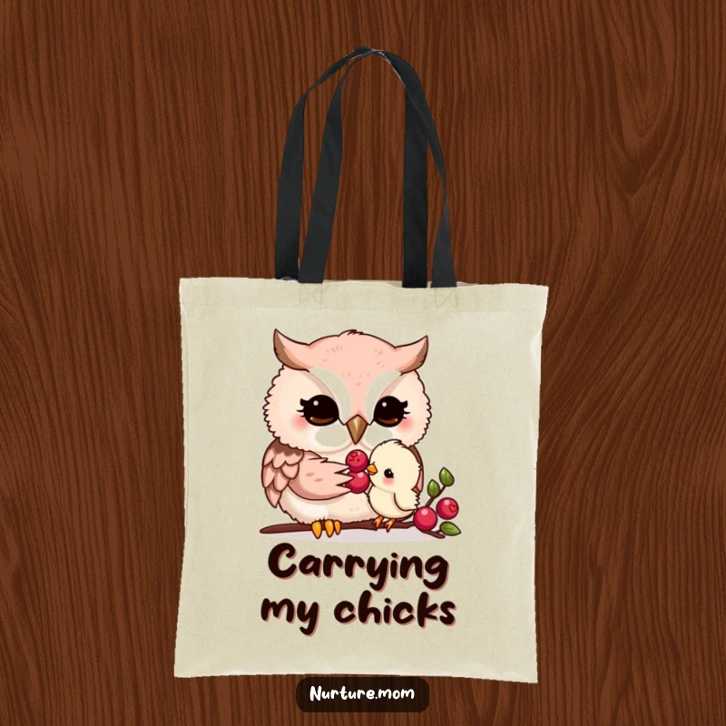 Funny kawaii owl mom gently feeding a tiny chick a berry, featured on a practical and heartwarming tote bag.