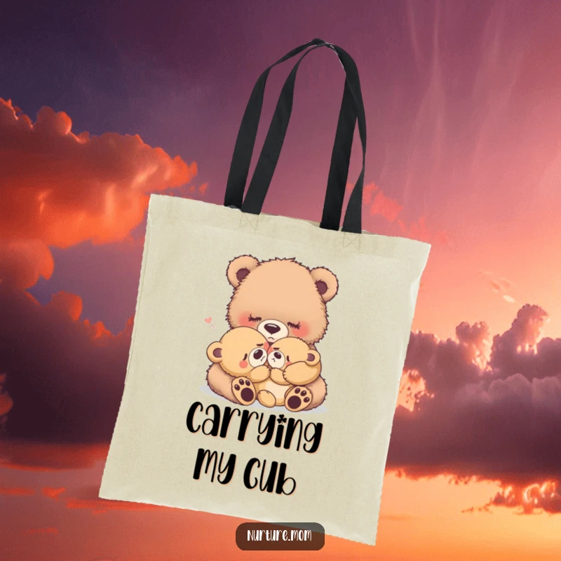 Funny fuzzy bear mother rocking a crying baby bear, sweet tote bag, perfect accessory for loving moms.
