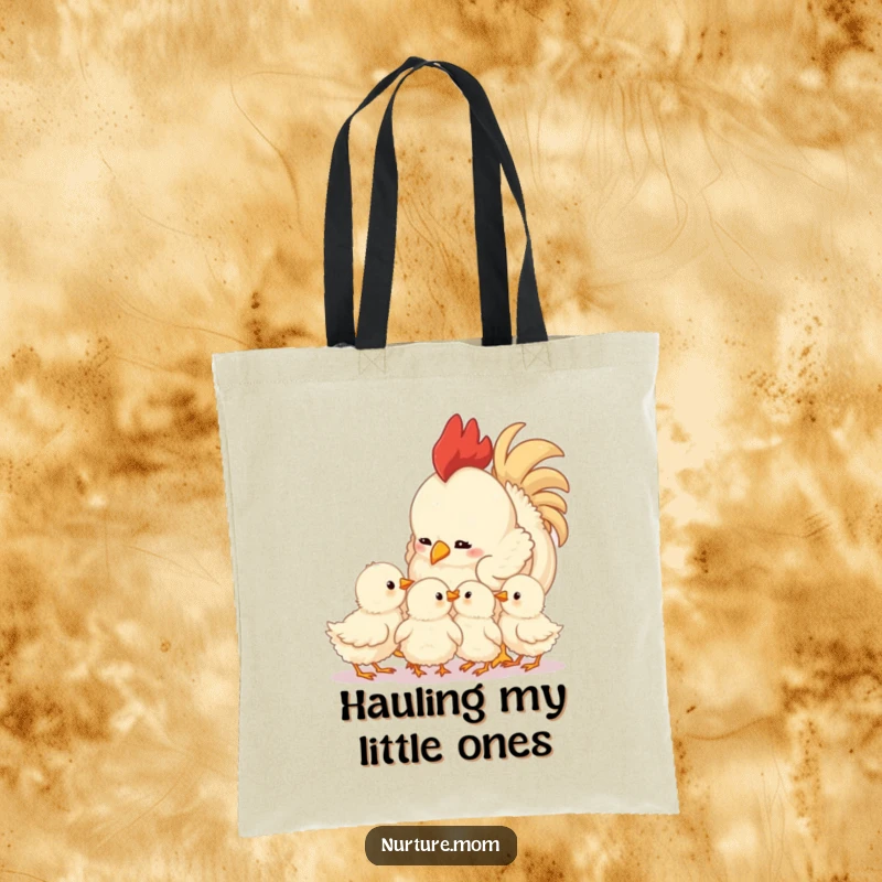 Funny mother hen tote bag showcasing her affectionate gaze over fluffy chicks, a cute and humorous accessory for daily use.