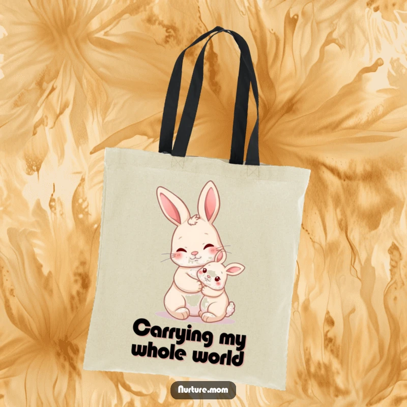 Funny Nurturing Rabbit Tote Bag with a mother rabbit holding a baby bunny close, great for carrying essentials with love and humor.