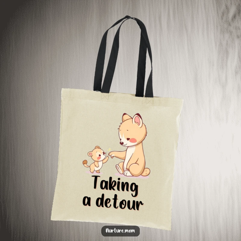 Funny tote bag features an animal's warm paw gently guiding a younger creature, a heartwarming and humorous accessory for daily errands.