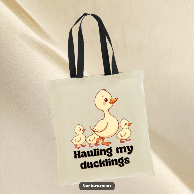Funny tote bag with a kawaii duck mom leading her ducklings in a neat line, symbolizing guidance and organization.