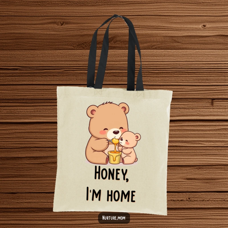 Funny Mama Bear Tote Bag: Charming mother bear feeding honey to her cub, perfect for grocery runs and errands.