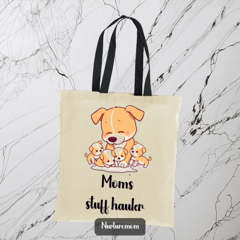 Funny Tote Bag capturing a mom dog humorously dealing with the aftermath of her playful puppies' antics.