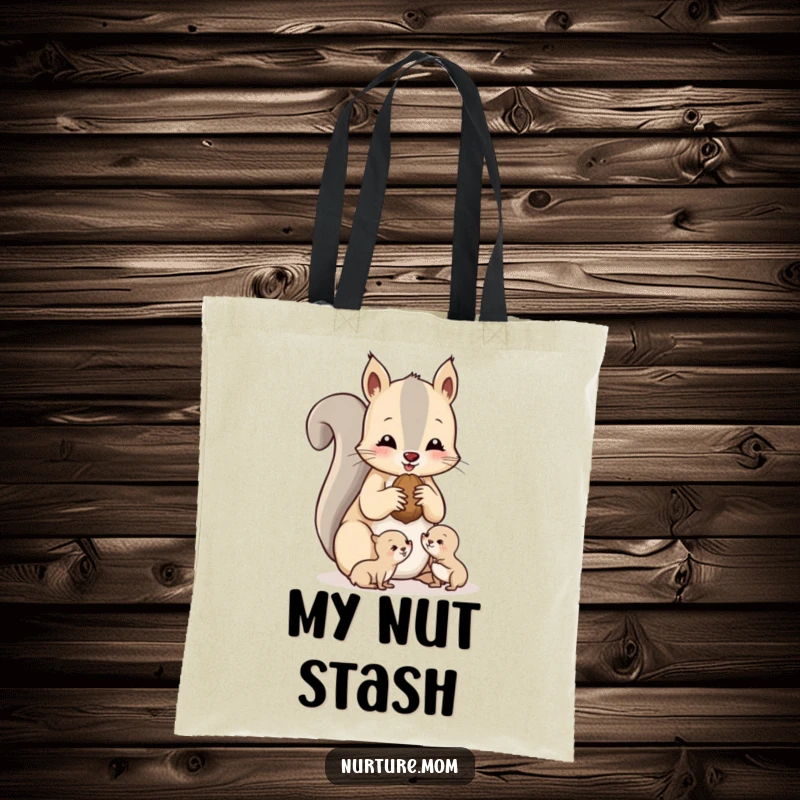 Funny squirrel mom tote bag showing a mother squirrel sharing nuts with her little ones, full of cuteness.