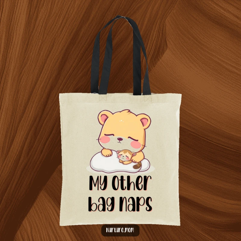 Funny tote bag with a large animal closely watching a small, soundly sleeping creature.