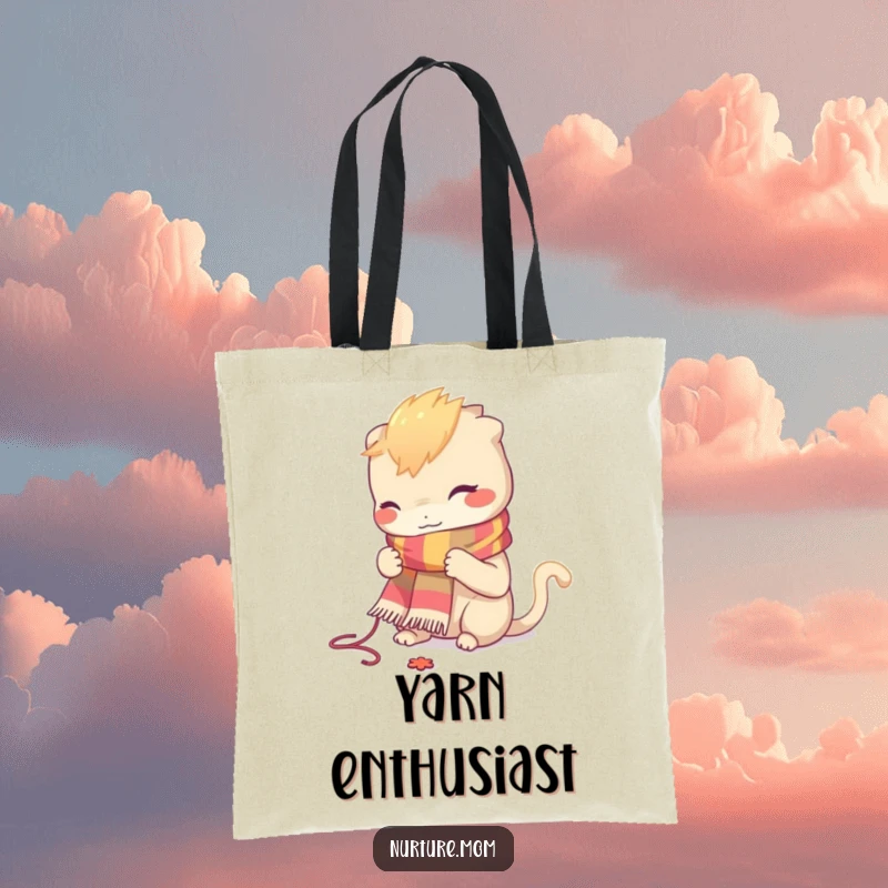 Funny tote bag with a creature knitting a small, colorful scarf, ideal for carrying yarn and craft supplies.